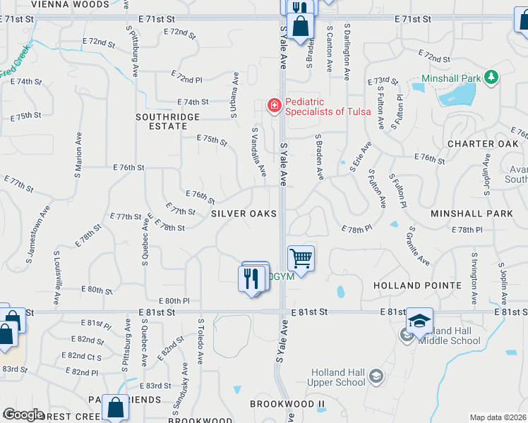 map of restaurants, bars, coffee shops, grocery stores, and more near 7638 South Winston Avenue in Tulsa