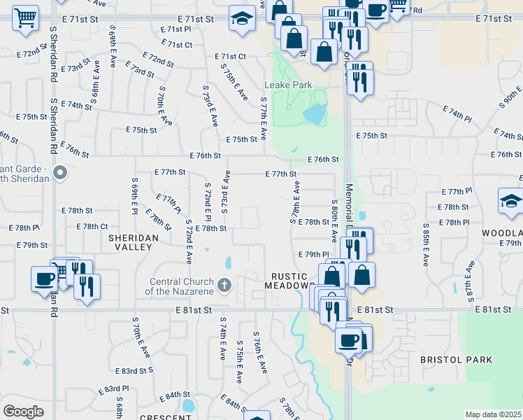 map of restaurants, bars, coffee shops, grocery stores, and more near 7716 South 76th East Avenue in Tulsa