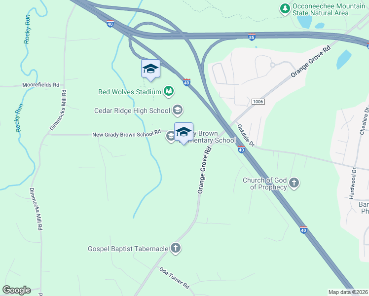 map of restaurants, bars, coffee shops, grocery stores, and more near 1100 New Grady Brown School Road in Hillsborough