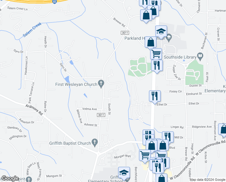 map of restaurants, bars, coffee shops, grocery stores, and more near 1636 Cranberry Hill Lane in Winston-Salem