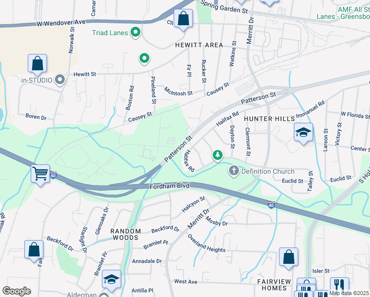 map of restaurants, bars, coffee shops, grocery stores, and more near 4306 Halifax Road in Greensboro