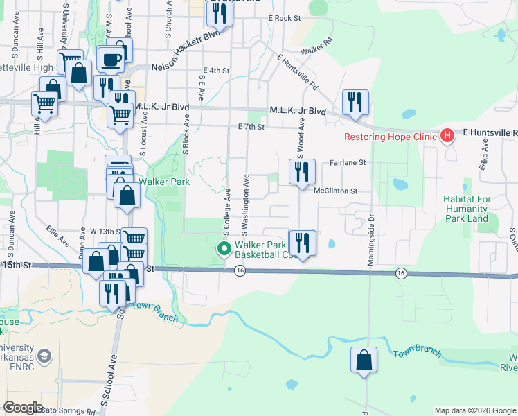 map of restaurants, bars, coffee shops, grocery stores, and more near 270 East 12th Street in Fayetteville