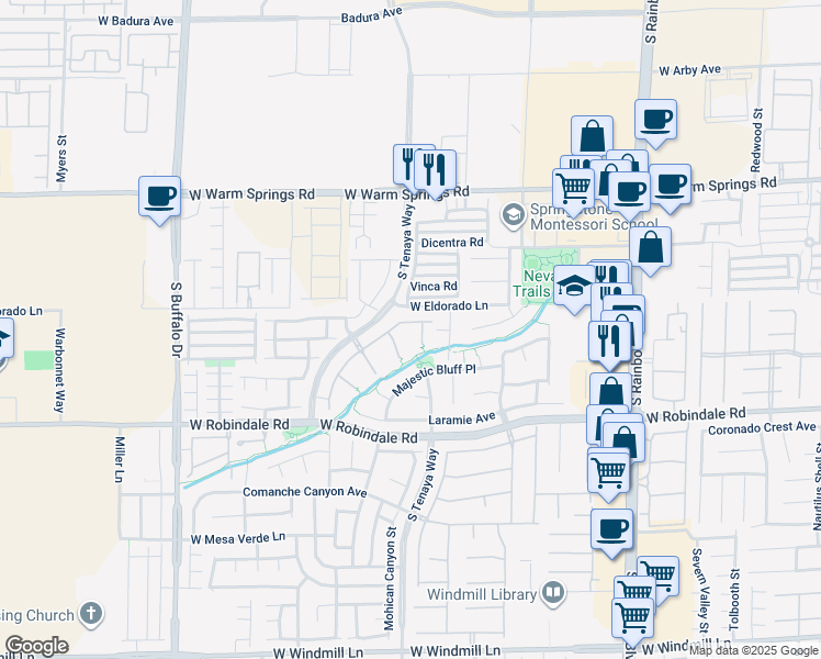 map of restaurants, bars, coffee shops, grocery stores, and more near 7351 Salvadora Place in Las Vegas