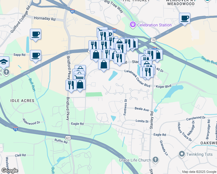map of restaurants, bars, coffee shops, grocery stores, and more near 10 Peggy Sue Court in Greensboro
