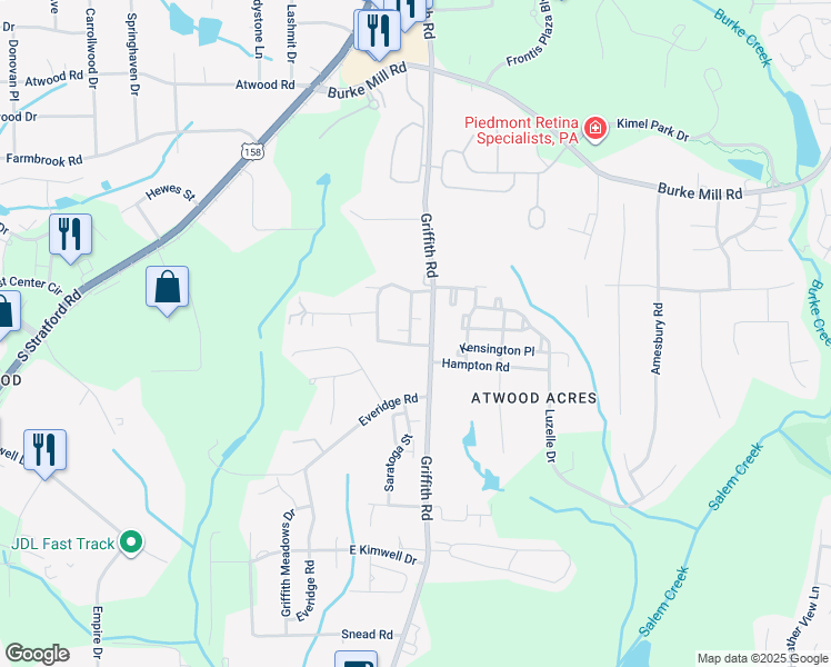 map of restaurants, bars, coffee shops, grocery stores, and more near 2461 Waterwheel Drive in Winston-Salem