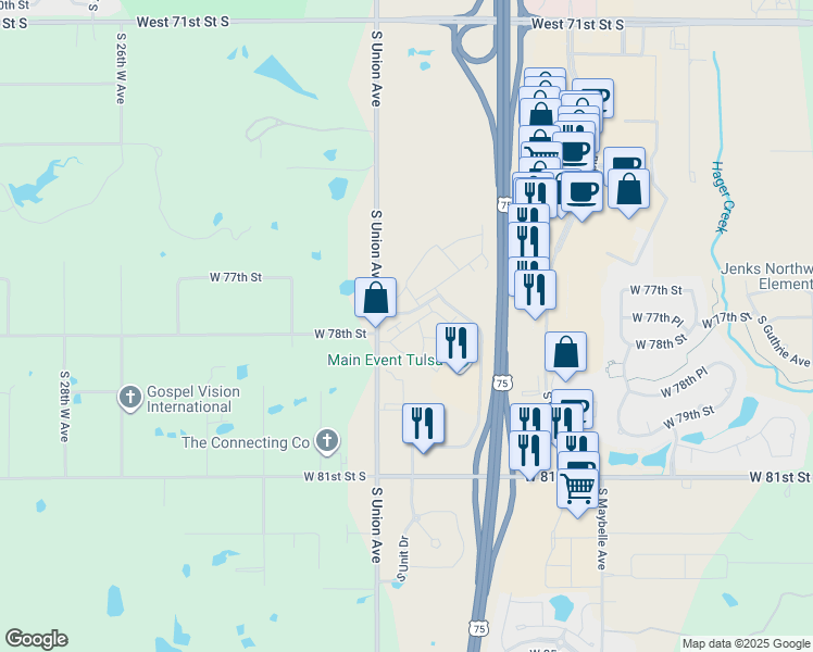 map of restaurants, bars, coffee shops, grocery stores, and more near 7847 South Union Avenue in Tulsa