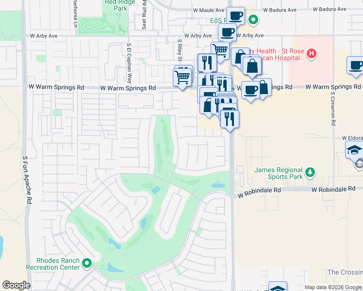 map of restaurants, bars, coffee shops, grocery stores, and more near 96 Rancho Maria Street in Las Vegas