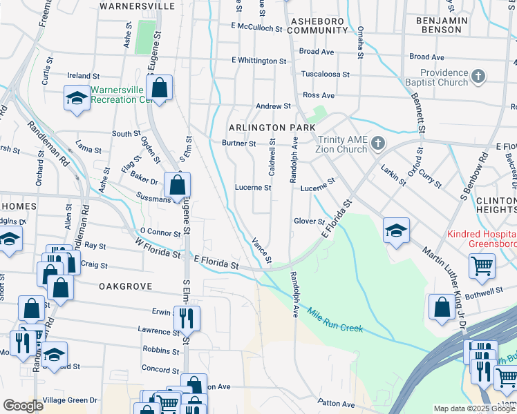 map of restaurants, bars, coffee shops, grocery stores, and more near 1412 Caldwell Street in Greensboro