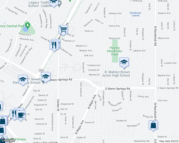 map of restaurants, bars, coffee shops, grocery stores, and more near 232 Concho Drive in Henderson