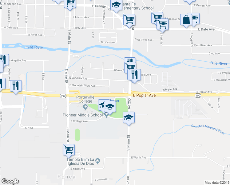 map of restaurants, bars, coffee shops, grocery stores, and more near 300 East Poplar Avenue in Porterville