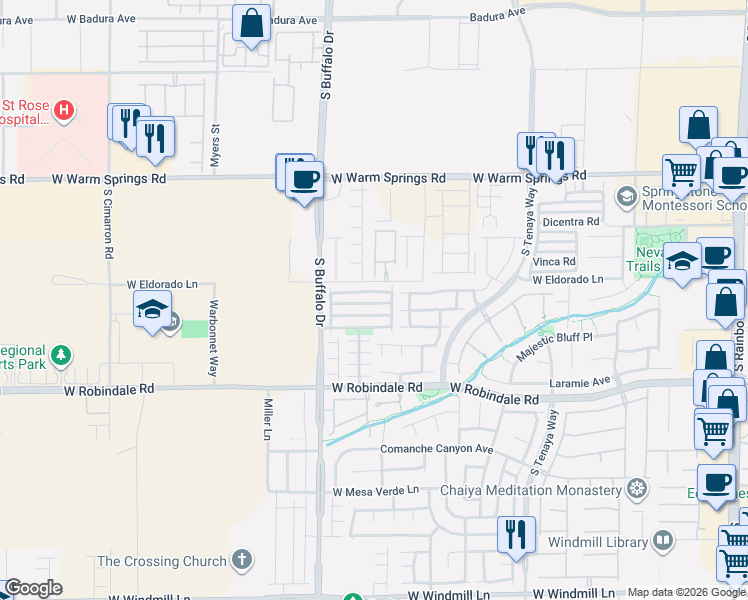 map of restaurants, bars, coffee shops, grocery stores, and more near 7684 Hampton Willows Lane in Las Vegas