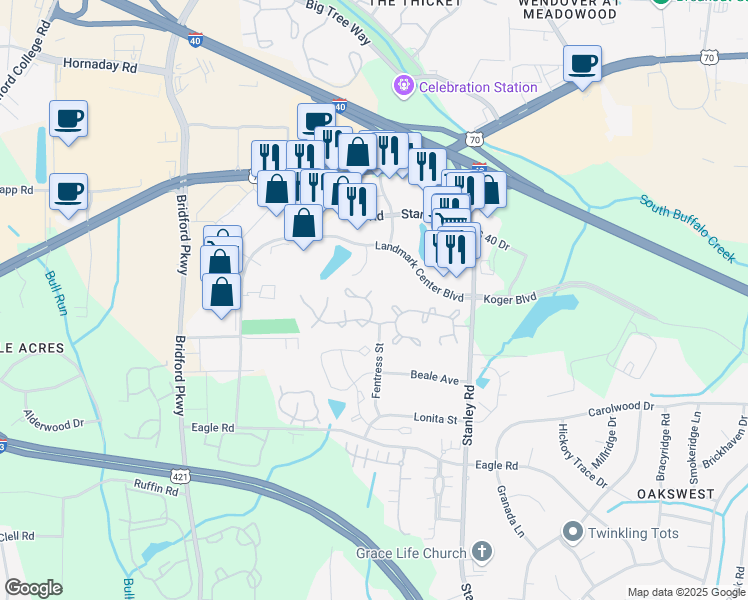 map of restaurants, bars, coffee shops, grocery stores, and more near 4 Melissa Carol Circle in Greensboro