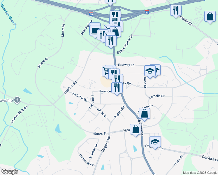 map of restaurants, bars, coffee shops, grocery stores, and more near 119 Florence Street in Graham