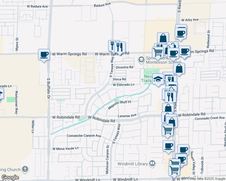 map of restaurants, bars, coffee shops, grocery stores, and more near 7351 Salvadora Place in Las Vegas