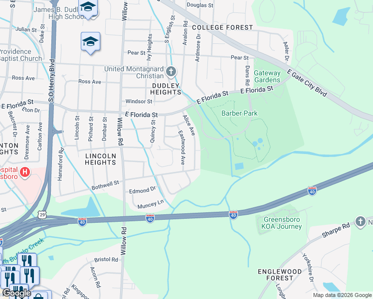 map of restaurants, bars, coffee shops, grocery stores, and more near 1621 Eastwood Avenue in Greensboro
