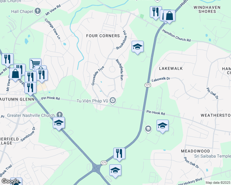 map of restaurants, bars, coffee shops, grocery stores, and more near 1220 Silverstream Point in Nashville