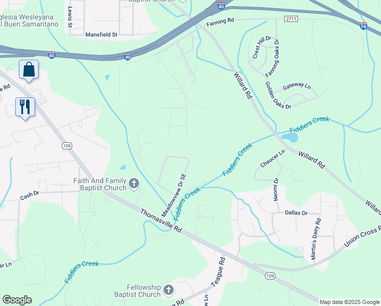 map of restaurants, bars, coffee shops, grocery stores, and more near 300 Meadowview Drive Southeast in Winston-Salem