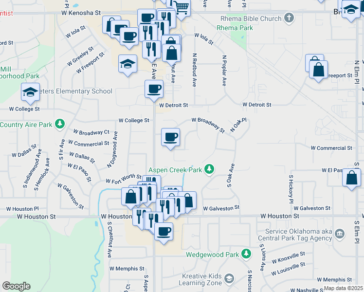 map of restaurants, bars, coffee shops, grocery stores, and more near 1929 West Dallas Street in Broken Arrow