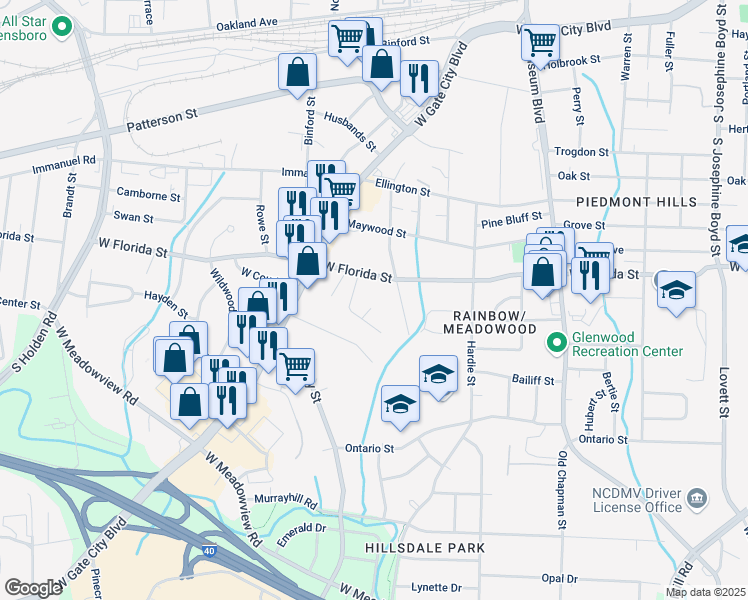 map of restaurants, bars, coffee shops, grocery stores, and more near 3 Dumont Court in Greensboro