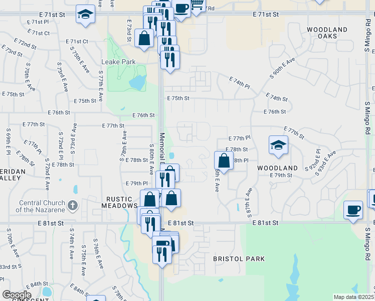 map of restaurants, bars, coffee shops, grocery stores, and more near 7735 South Memorial Drive in Tulsa