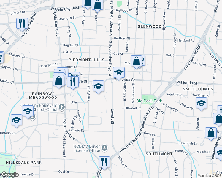 map of restaurants, bars, coffee shops, grocery stores, and more near 1516 Lovett Street in Greensboro