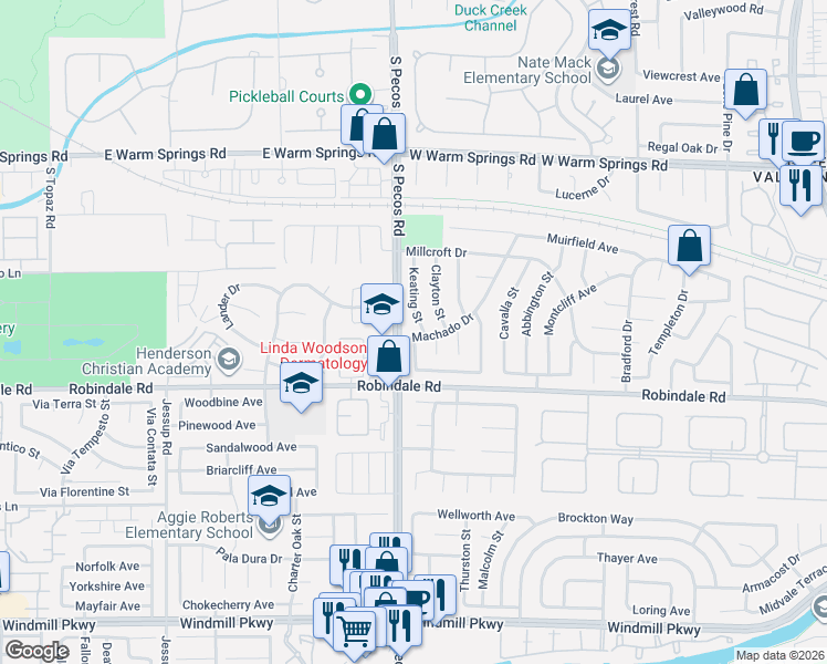 map of restaurants, bars, coffee shops, grocery stores, and more near 316 Birmingham Street in Henderson