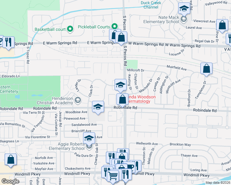 map of restaurants, bars, coffee shops, grocery stores, and more near 321 North Pecos Road in Henderson