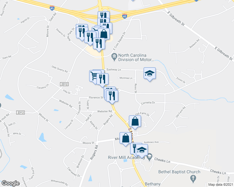 map of restaurants, bars, coffee shops, grocery stores, and more near 113 Ivey Road in Graham