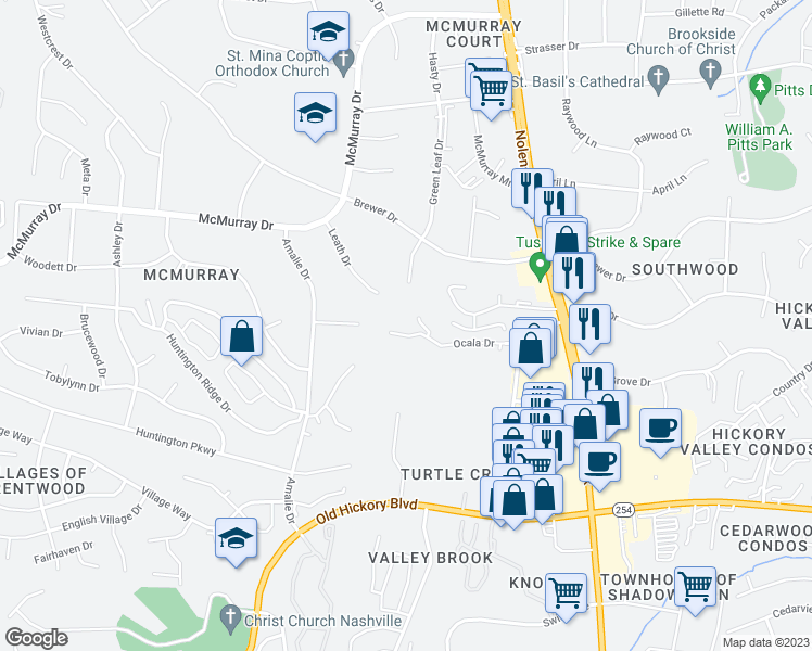 map of restaurants, bars, coffee shops, grocery stores, and more near 534 Ocala Drive in Nashville