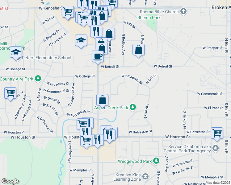 map of restaurants, bars, coffee shops, grocery stores, and more near 1929 West Dallas Street in Broken Arrow