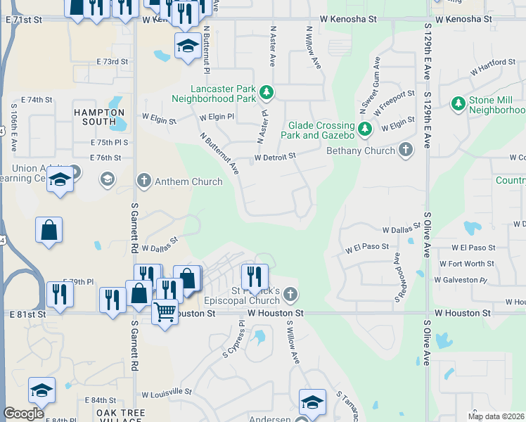 map of restaurants, bars, coffee shops, grocery stores, and more near 4400 West Commercial Street in Broken Arrow