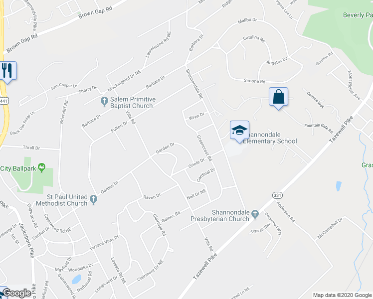 map of restaurants, bars, coffee shops, grocery stores, and more near Weston Road Northeast in Knoxville