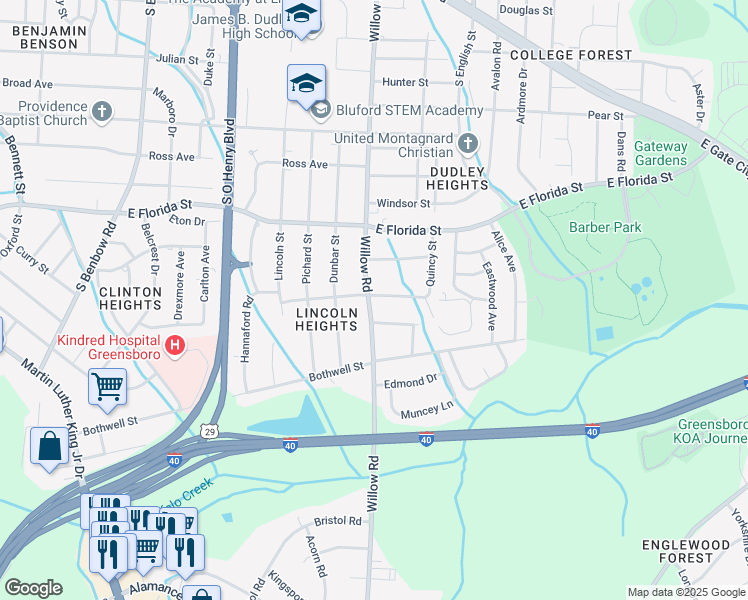 map of restaurants, bars, coffee shops, grocery stores, and more near 1701 Willow Road in Greensboro