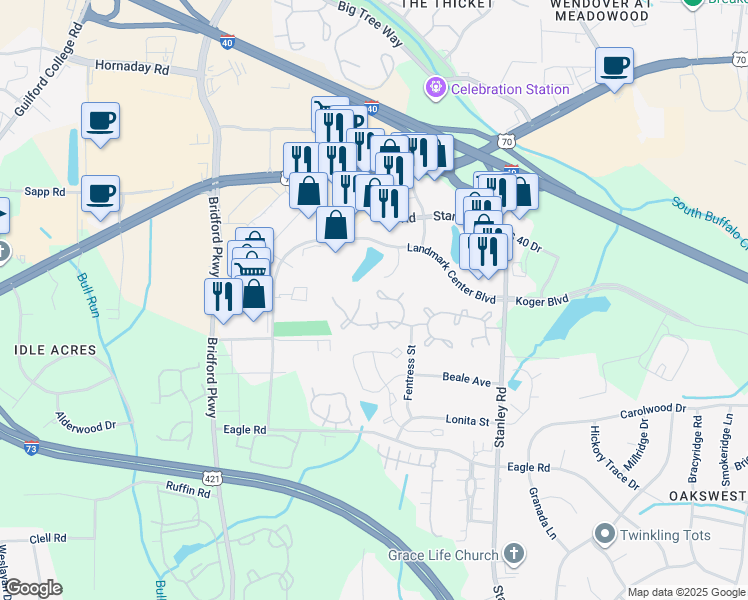 map of restaurants, bars, coffee shops, grocery stores, and more near 33 Sidney Marie Ct in Greensboro