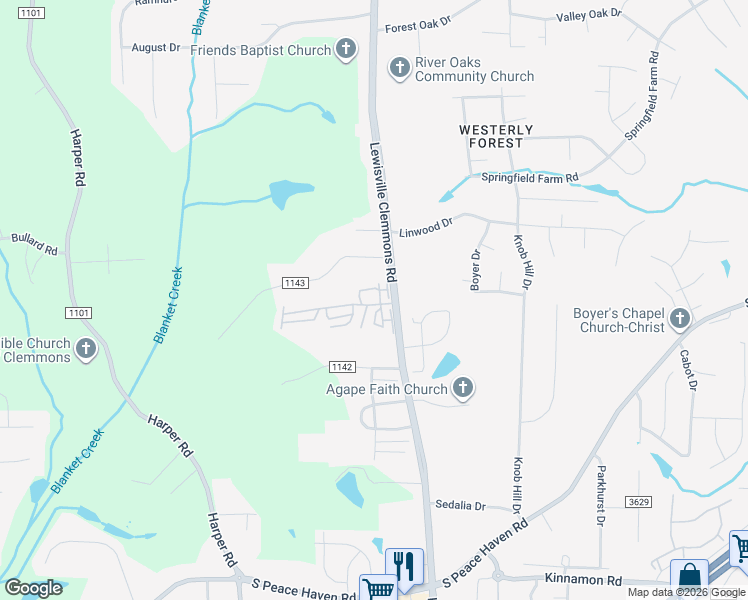 map of restaurants, bars, coffee shops, grocery stores, and more near 6901 Morgan Place Drive in Clemmons