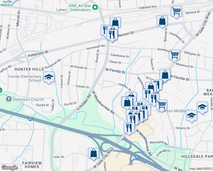 map of restaurants, bars, coffee shops, grocery stores, and more near 3208 South Hayden Street in Greensboro