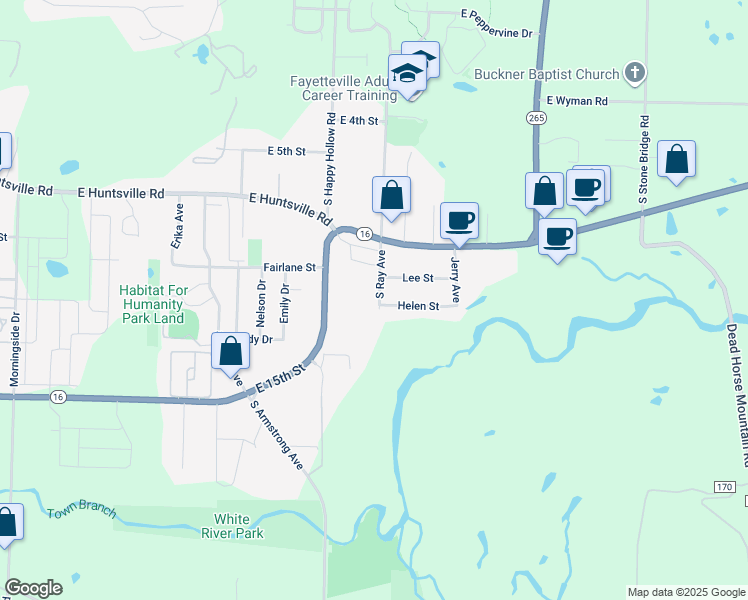 map of restaurants, bars, coffee shops, grocery stores, and more near 1095 South Ray Avenue in Fayetteville