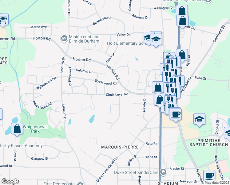 map of restaurants, bars, coffee shops, grocery stores, and more near 900 Chalk Level Road in Durham