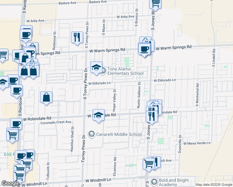map of restaurants, bars, coffee shops, grocery stores, and more near 7566 Hope Valley Street in Las Vegas