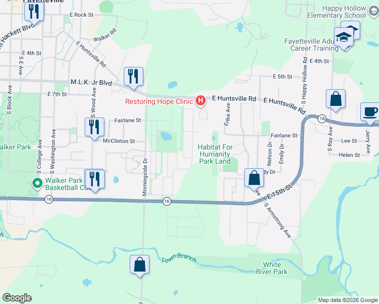 map of restaurants, bars, coffee shops, grocery stores, and more near 792 South Seven Hills Court in Fayetteville