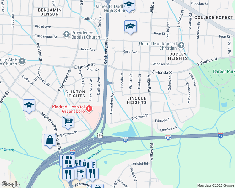 map of restaurants, bars, coffee shops, grocery stores, and more near 1700 Hannaford Road in Greensboro