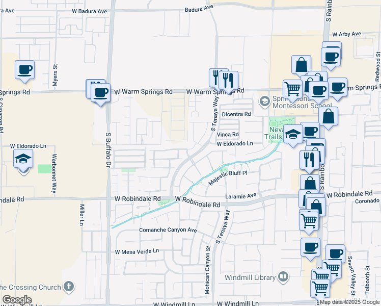 map of restaurants, bars, coffee shops, grocery stores, and more near 7443 Coyote Cave Avenue in Las Vegas