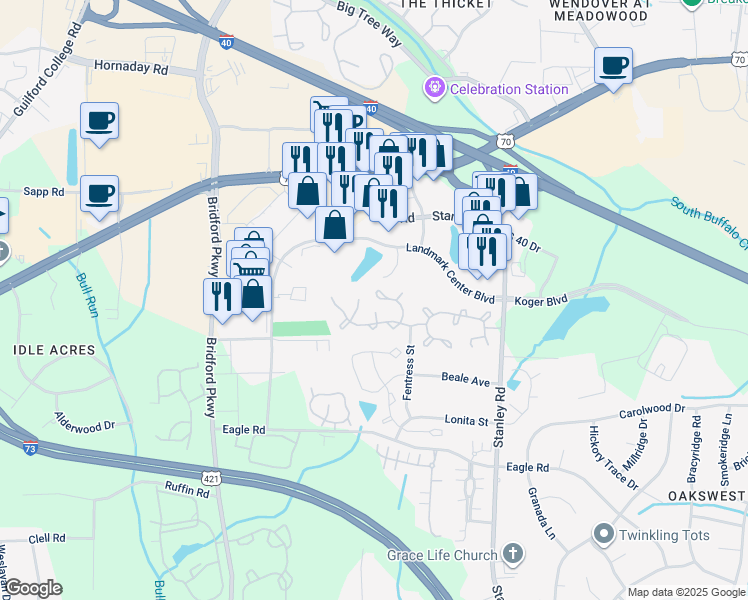 map of restaurants, bars, coffee shops, grocery stores, and more near 33 Sidney Marie Ct in Greensboro
