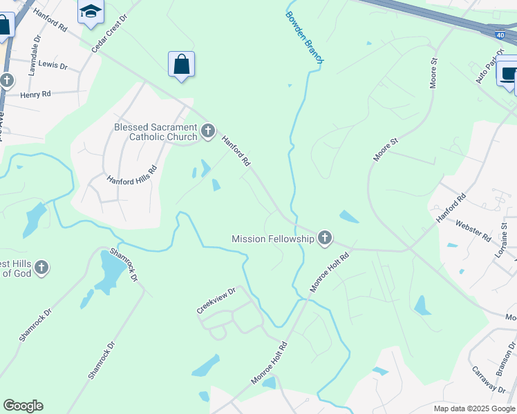 map of restaurants, bars, coffee shops, grocery stores, and more near 1455 Hanford Road in Graham