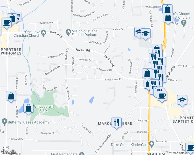 map of restaurants, bars, coffee shops, grocery stores, and more near 3800 Shaftsbury Street in Durham