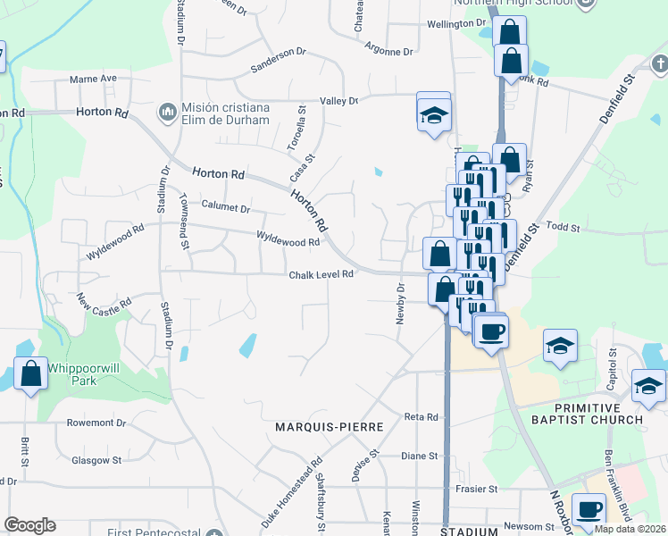map of restaurants, bars, coffee shops, grocery stores, and more near 900 Chalk Level Road in Durham