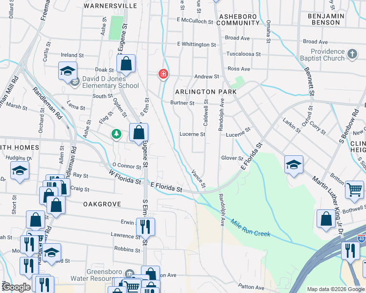 map of restaurants, bars, coffee shops, grocery stores, and more near 1601 Vance Street in Greensboro