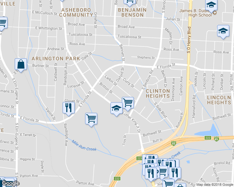 map of restaurants, bars, coffee shops, grocery stores, and more near 1811 Britton Street in Greensboro