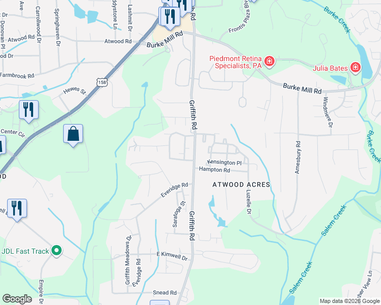 map of restaurants, bars, coffee shops, grocery stores, and more near 3410 Waterwheel Circle in Winston-Salem