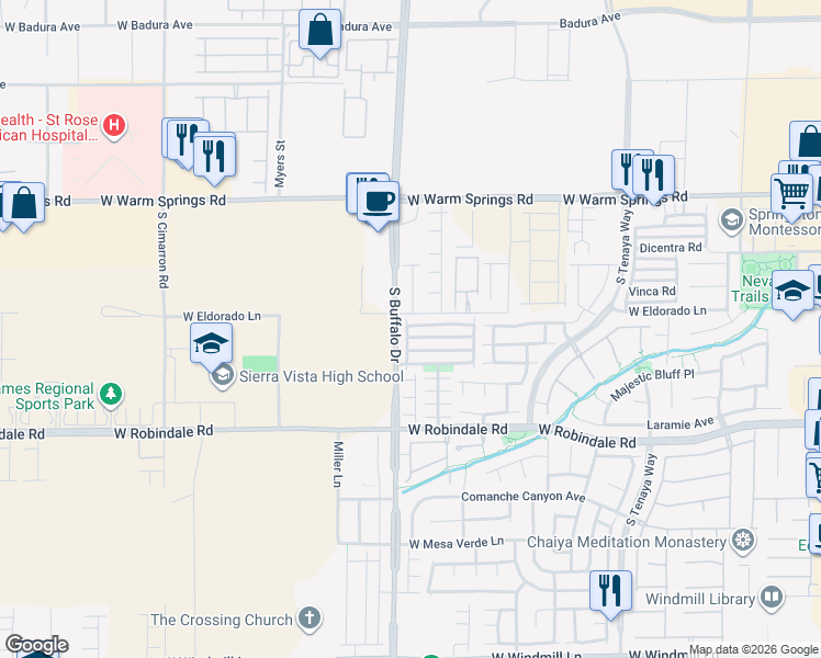 map of restaurants, bars, coffee shops, grocery stores, and more near 7783 Crystal Village Lane in Las Vegas